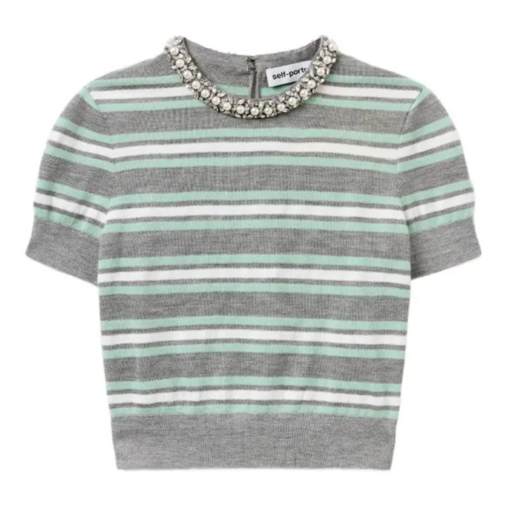 Self-Portrait GREY STRIPED CRYSTAL TRIM KNIT TOP